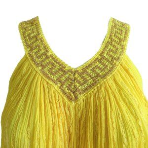 Grecian Tent Top Tunic Swing Yellow Gauze Lurex V-Neck Macrame Hem Lightweight